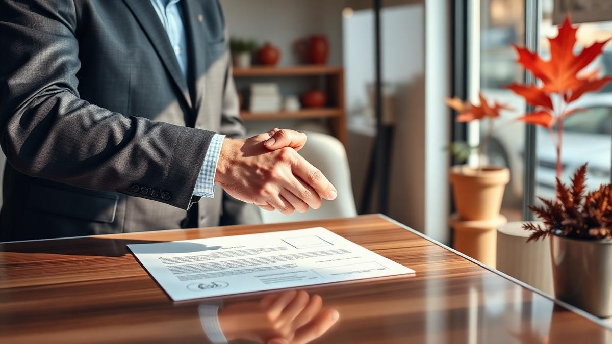 Buyer and seller shaking hands over a signed business purchase agreement