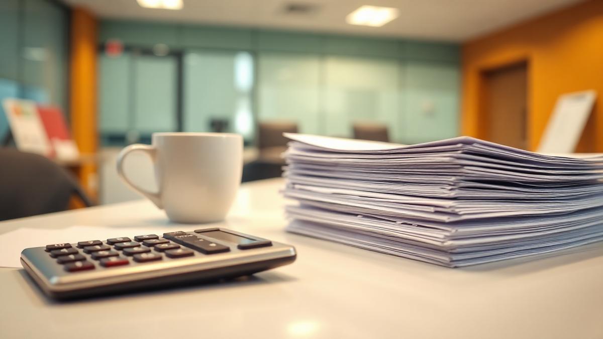 Calculator and loan paperwork on a lender office desk